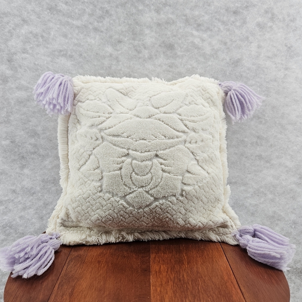 Terry Cloth Cotton Tasseled Cream Lavender throw pillow 10x10" Boho